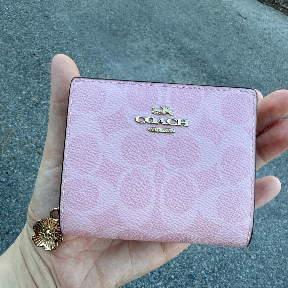 Coach Powder Pink Snap Wallet In Signature Canvas With Charm